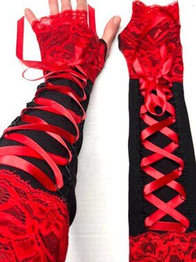 Long Corset Gloves Goth Bride Black Red Lace Up Arm Sleeves Dark Wedding Lolita